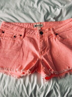 Roxy Coral Pink Frayed Hem Denim Shorts